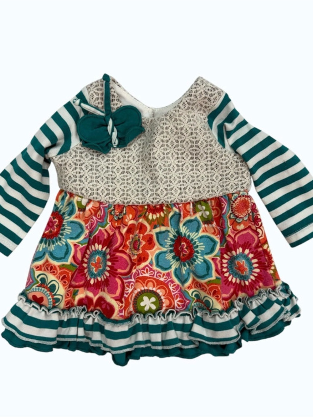 Counting Daisies Striped Teal & Floral Ruffle Baby Dress 6 months